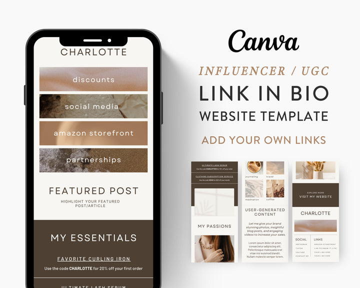 Canva Link in Bio Template for Social Media Marketing, Influencers, Coaches, Blogs, UGC Creators | CHARLOTTE Theme | Modern Minimal