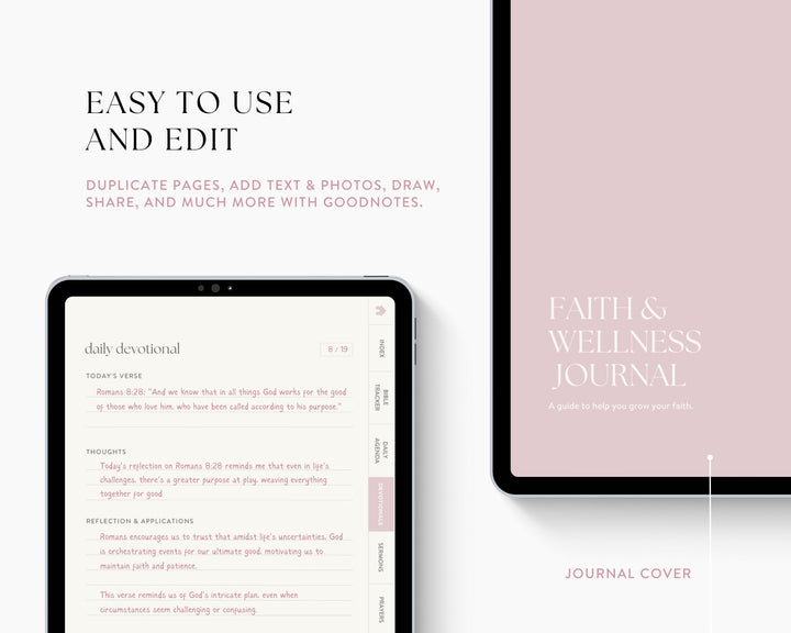 Digital Devotional Template for iPad & Tablet, Minimal Modern Faith and Wellness Journal, Christian Bible Devotional for Goodnotes | Pink
