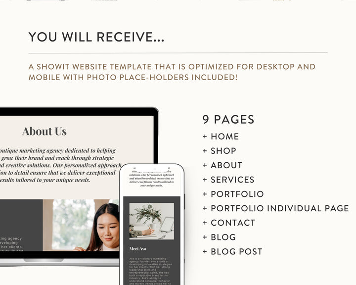ShowIt Website Template for Social Media Marketing, Graphic Design, Coaches, Blogs, Virtual Assistant | AVA LILY Theme | Modern Minimal