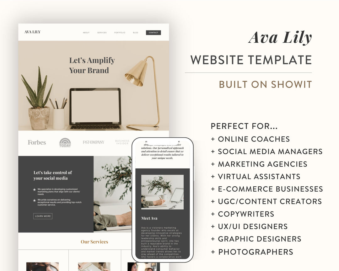 ShowIt Website Template for Social Media Marketing, Graphic Design, Coaches, Blogs, Virtual Assistant | AVA LILY Theme | Modern Minimal