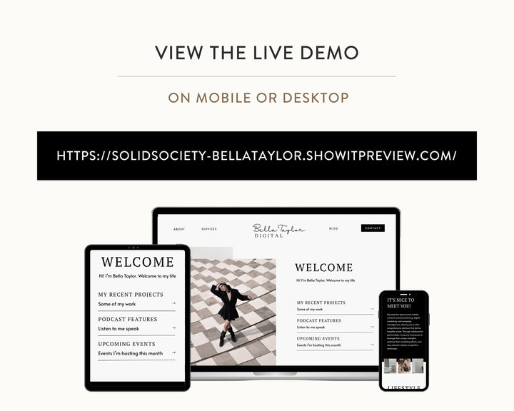 ShowIt Website Template for Social Media Marketing, Graphic Design, Coaches, Blogs, Photography | BELLA TAYLOR Theme | Modern Minimal