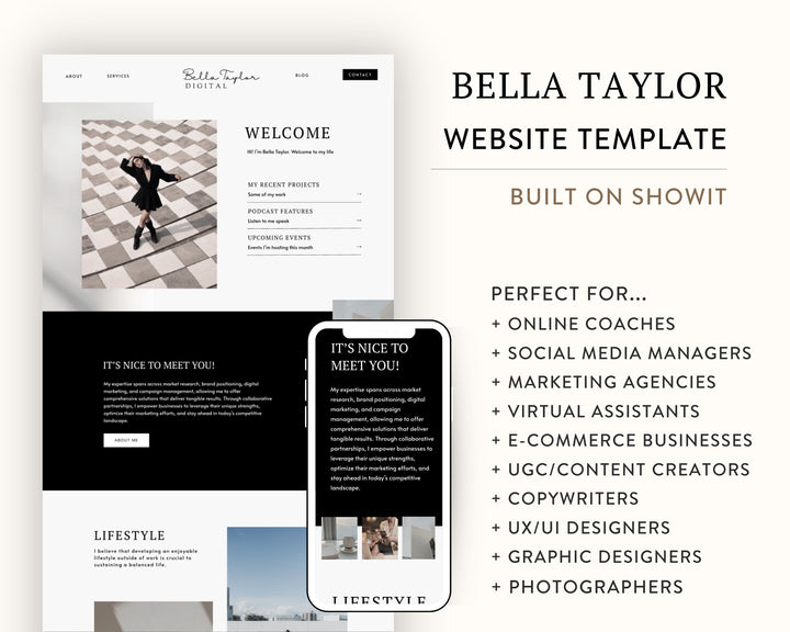 ShowIt Website Template for Social Media Marketing, Graphic Design, Coaches, Blogs, Photography | BELLA TAYLOR Theme | Modern Minimal