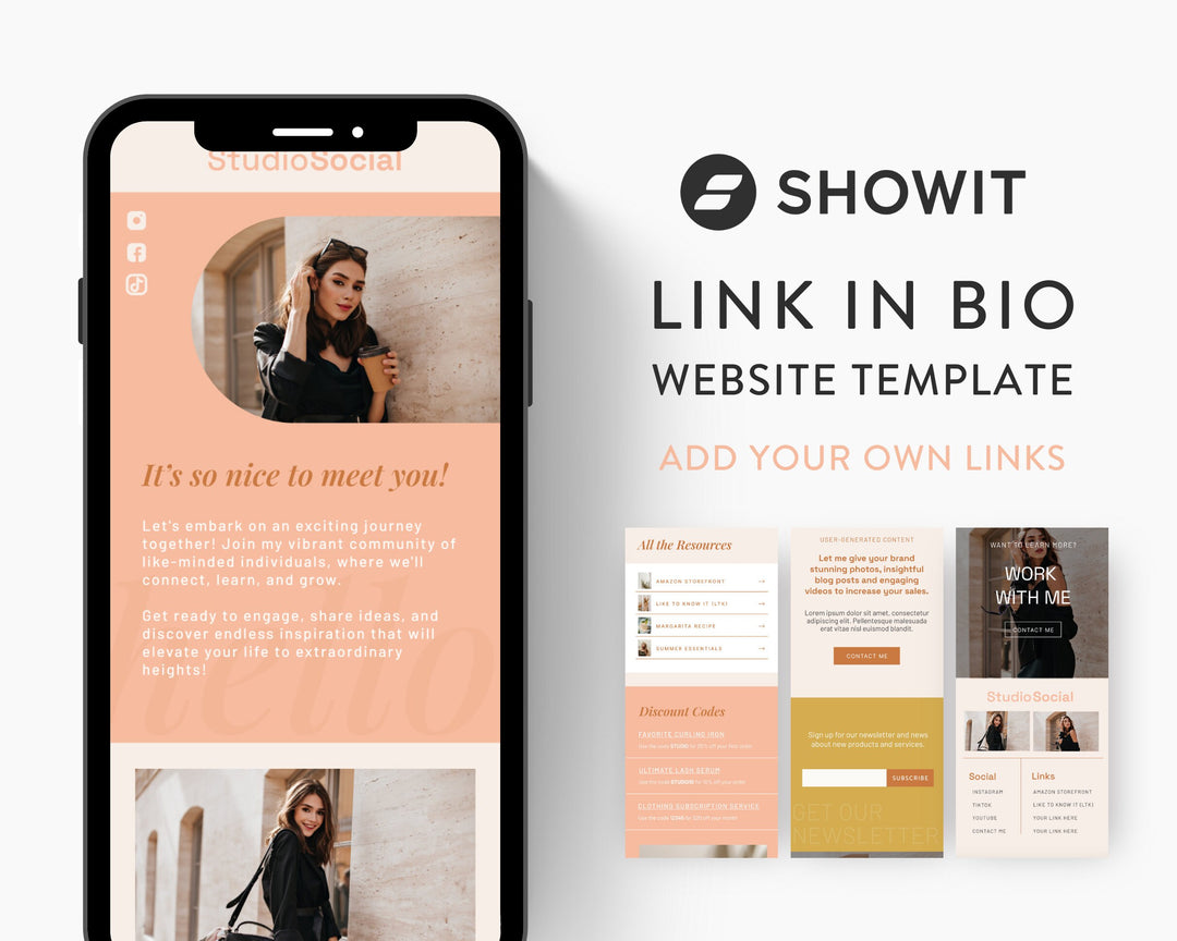 ShowIt Link in Bio Template for Social Media Marketing, Influencers, Coaches, Blogs, UGC Creators | STUDIO SOCIAL Theme | Modern Minimal