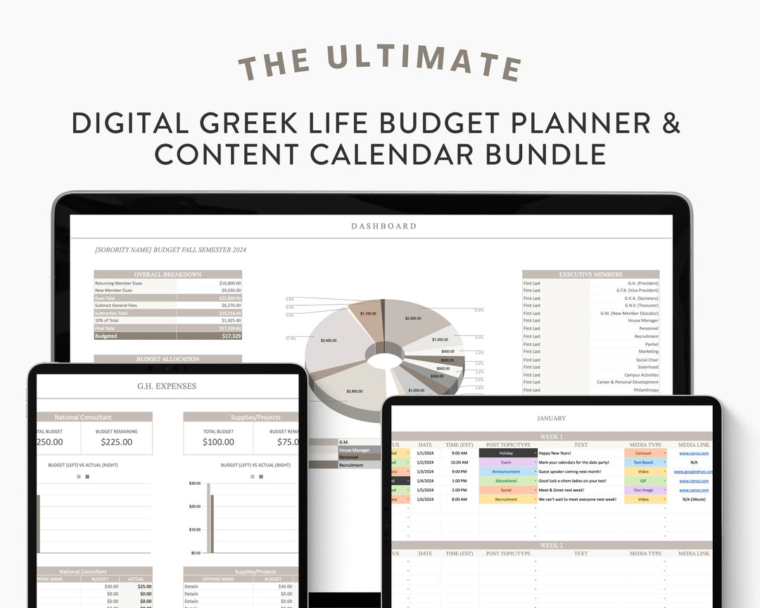 Greek Life Budget Planner & Content Calendar Bundle | Google Sheets, Sorority + Fraternity Finance Tracker