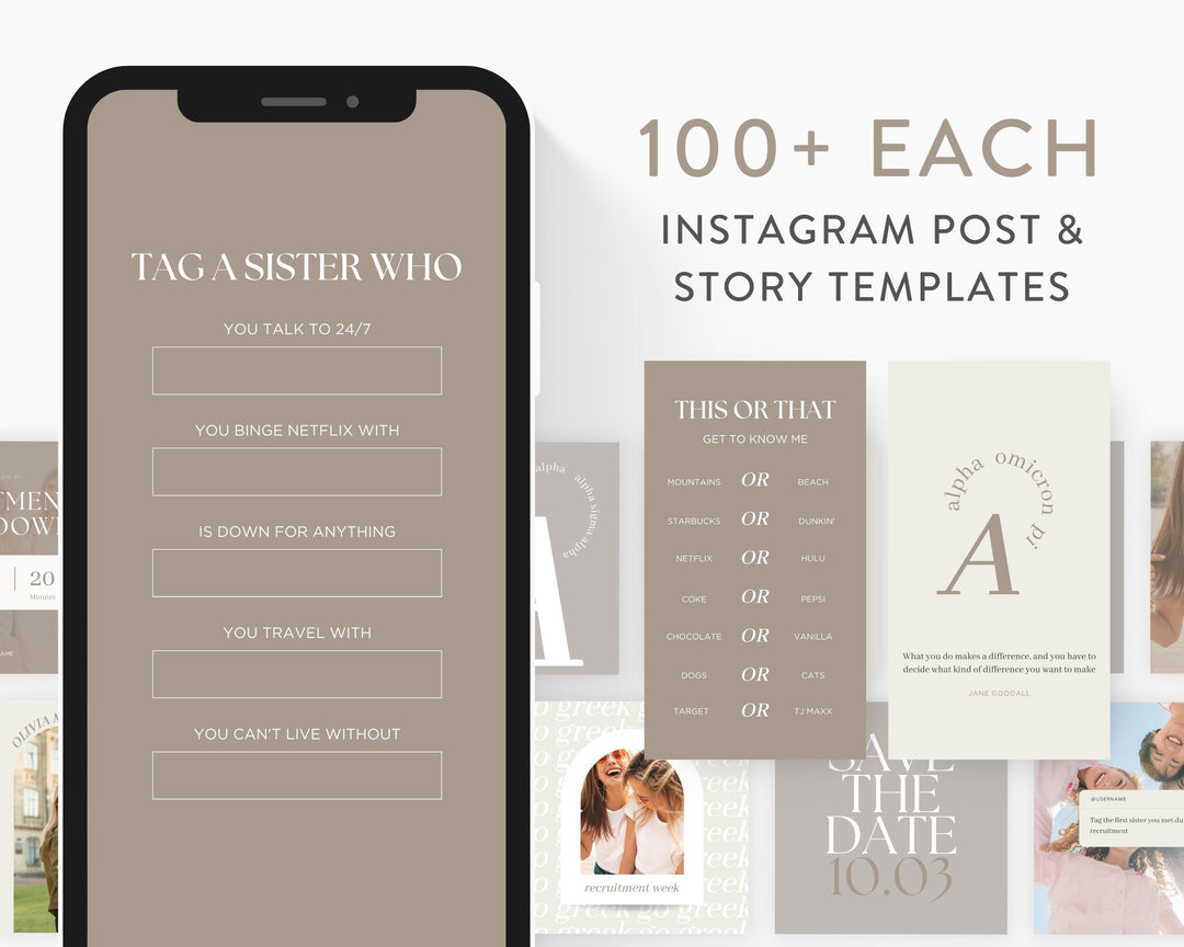 Greek Life Social Media Template Bundle | NEUTRAL, Editable on Canva, Digital Template Download, Sorority Templates