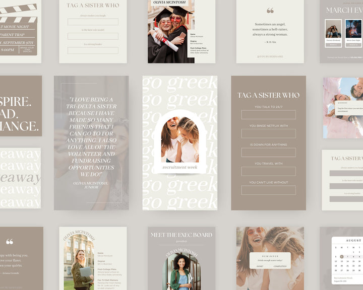 Greek Life Social Media Template Bundle | NEUTRAL, Editable on Canva, Digital Template Download, Sorority Templates