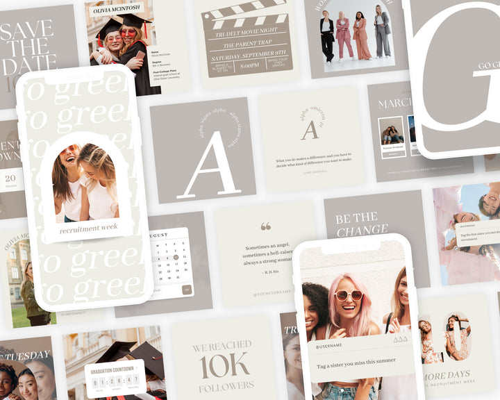 Greek Life Social Media Template Bundle | NEUTRAL, Editable on Canva, Digital Template Download, Sorority Templates