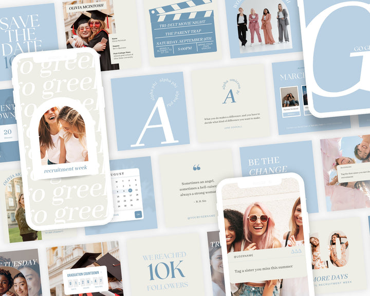 Greek Life Social Media Template Bundle | BLUE, Editable on Canva, Digital Template Download, Sorority Templates