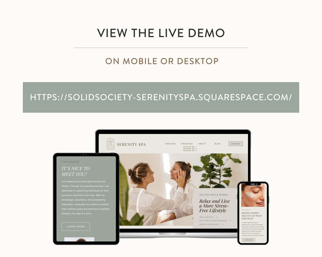 SQUARESPACE Website Template for Spas, Salons, Wellness Centers, Coaches, Influencers | SERENITY SPA Theme | Modern Minimal