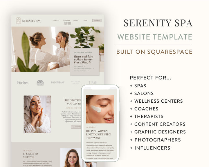 SQUARESPACE Website Template for Spas, Salons, Wellness Centers, Coaches, Influencers | SERENITY SPA Theme | Modern Minimal