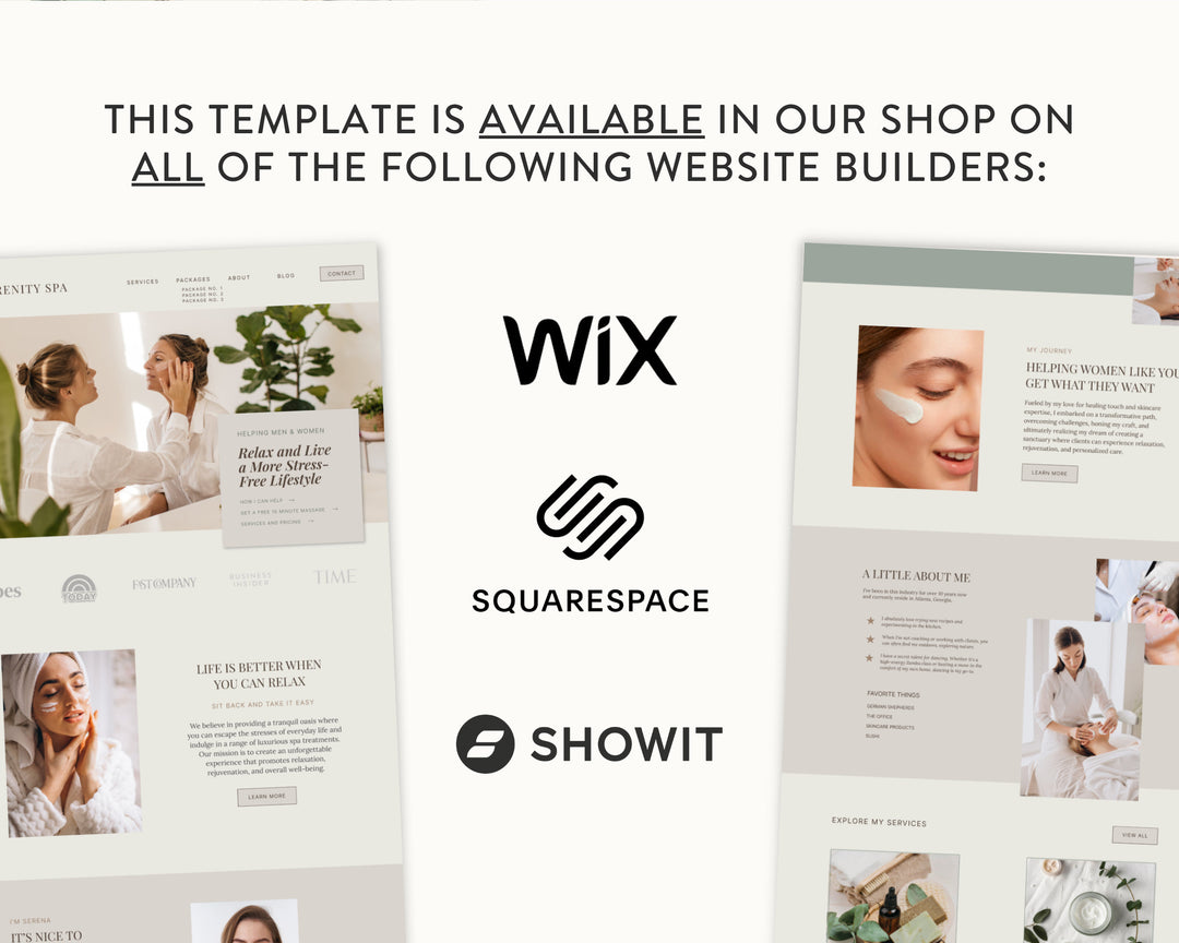 SQUARESPACE Website Template for Spas, Salons, Wellness Centers, Coaches, Influencers | SERENITY SPA Theme | Modern Minimal