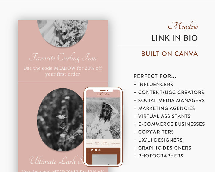Canva Link in Bio Template for Social Media Marketing, Influencers, Coaches, Blogs, UGC Creators | MEADOW Theme | Modern Minimal