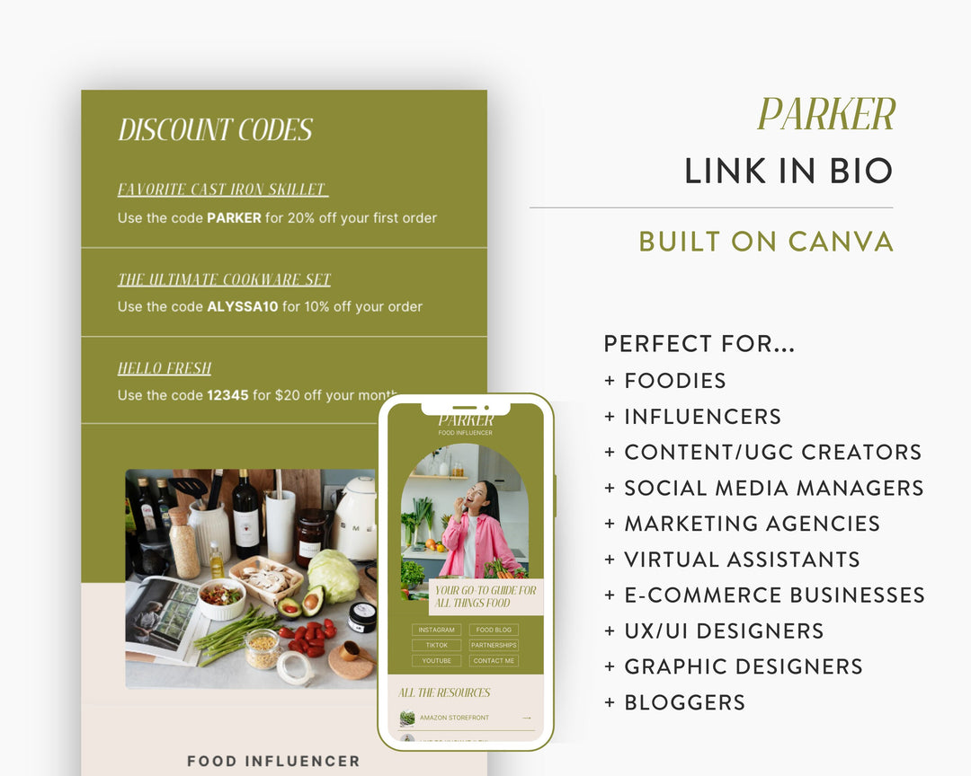 Canva Link in Bio Template for Social Media Marketing, Food Influencers, Blogs, UGC Creators | PARKER Theme | Modern Minimal