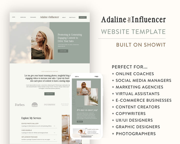 ShowIt Website Template for Social Media Marketing, Graphic Design, Influencers, Blogs, Virtual Assistant | ADALINE Theme | Modern Minimal