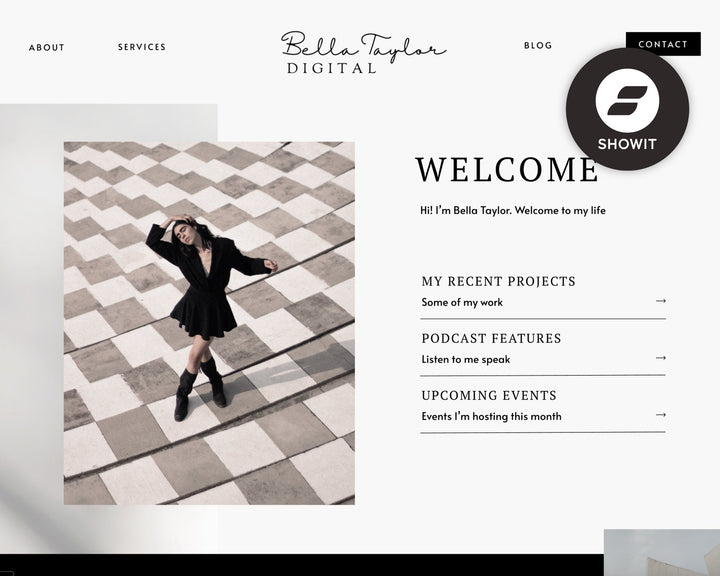 ShowIt Website Template for Social Media Marketing, Graphic Design, Coaches, Blogs, Photography | BELLA TAYLOR Theme | Modern Minimal