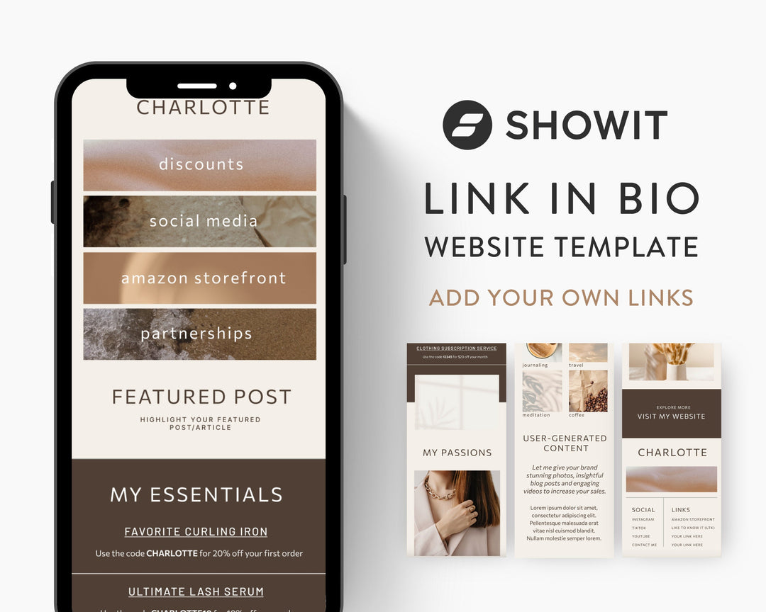 ShowIt Link in Bio Template for Social Media Marketing, Influencers, Coaches, Blogs, UGC Creators | CHARLOTTE Theme | Modern Minimal