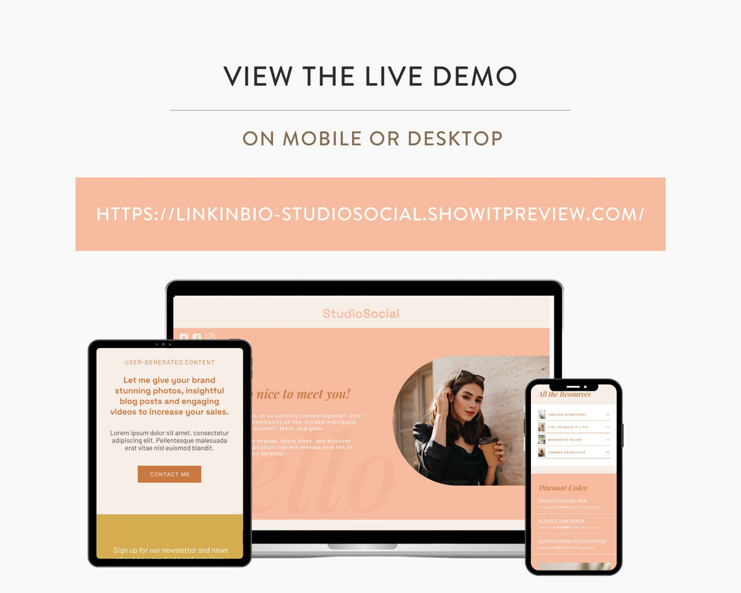 ShowIt Link in Bio Template for Social Media Marketing, Influencers, Coaches, Blogs, UGC Creators | STUDIO SOCIAL Theme | Modern Minimal