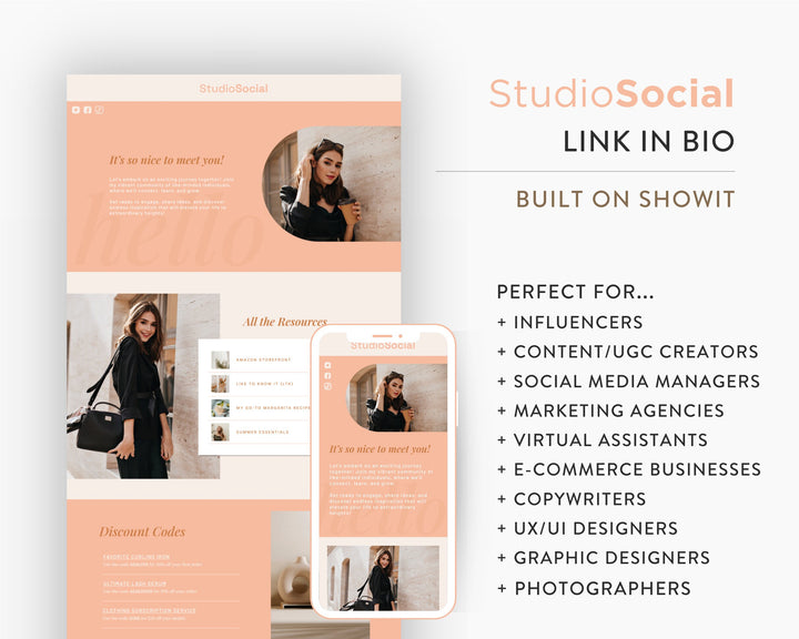 ShowIt Link in Bio Template for Social Media Marketing, Influencers, Coaches, Blogs, UGC Creators | STUDIO SOCIAL Theme | Modern Minimal