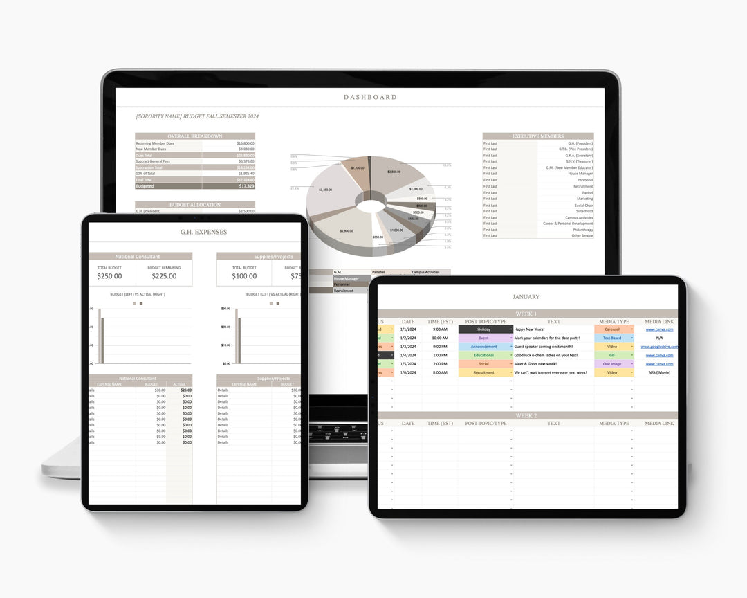 Greek Life Budget Planner & Content Calendar Bundle | Google Sheets, Sorority + Fraternity Finance Tracker