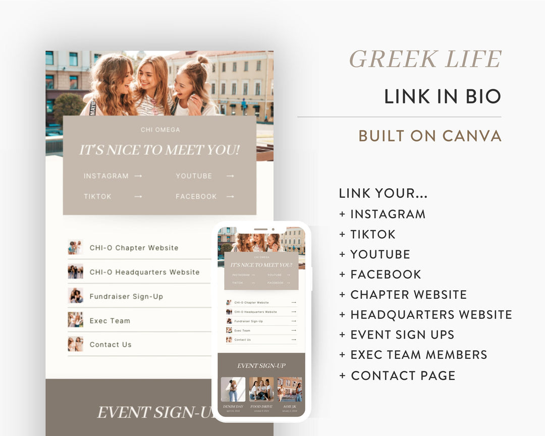 Greek Life Canva Link In Bio Template | NEUTRAL, Digital Template, Sorority Link in Bio Template