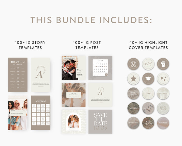 Greek Life Social Media Template Bundle | NEUTRAL, Editable on Canva, Digital Template Download, Sorority Templates