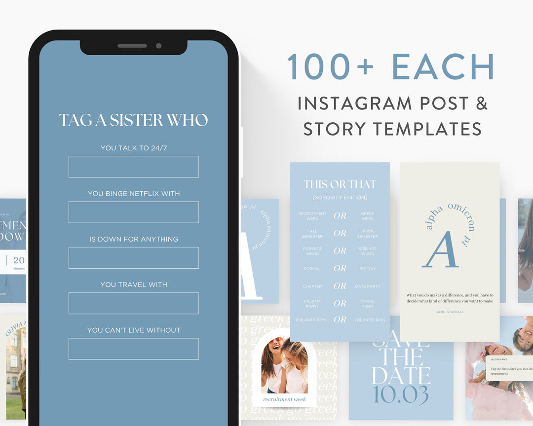 Greek Life Social Media Template Bundle | BLUE, Editable on Canva, Digital Template Download, Sorority Templates