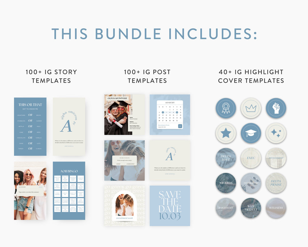 Greek Life Social Media Template Bundle | BLUE, Editable on Canva, Digital Template Download, Sorority Templates