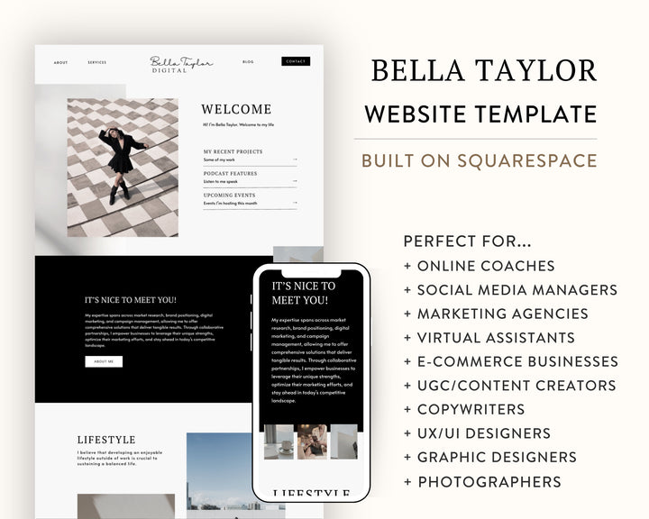 SQUARESPACE Website Template for Social Media Marketing, Graphic Design, Coaches, Blogs, E-Commerce, | BELLA TAYLOR Theme | Modern Minimal