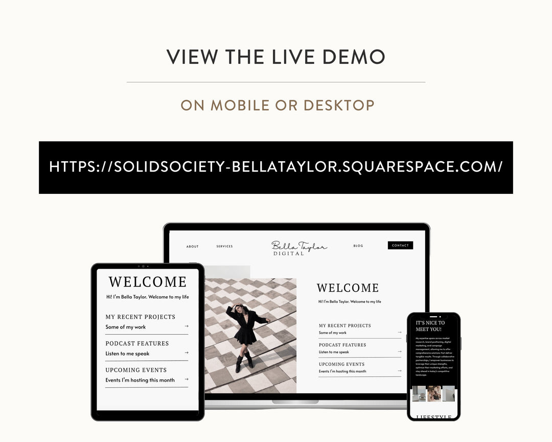 SQUARESPACE Website Template for Social Media Marketing, Graphic Design, Coaches, Blogs, E-Commerce, | BELLA TAYLOR Theme | Modern Minimal
