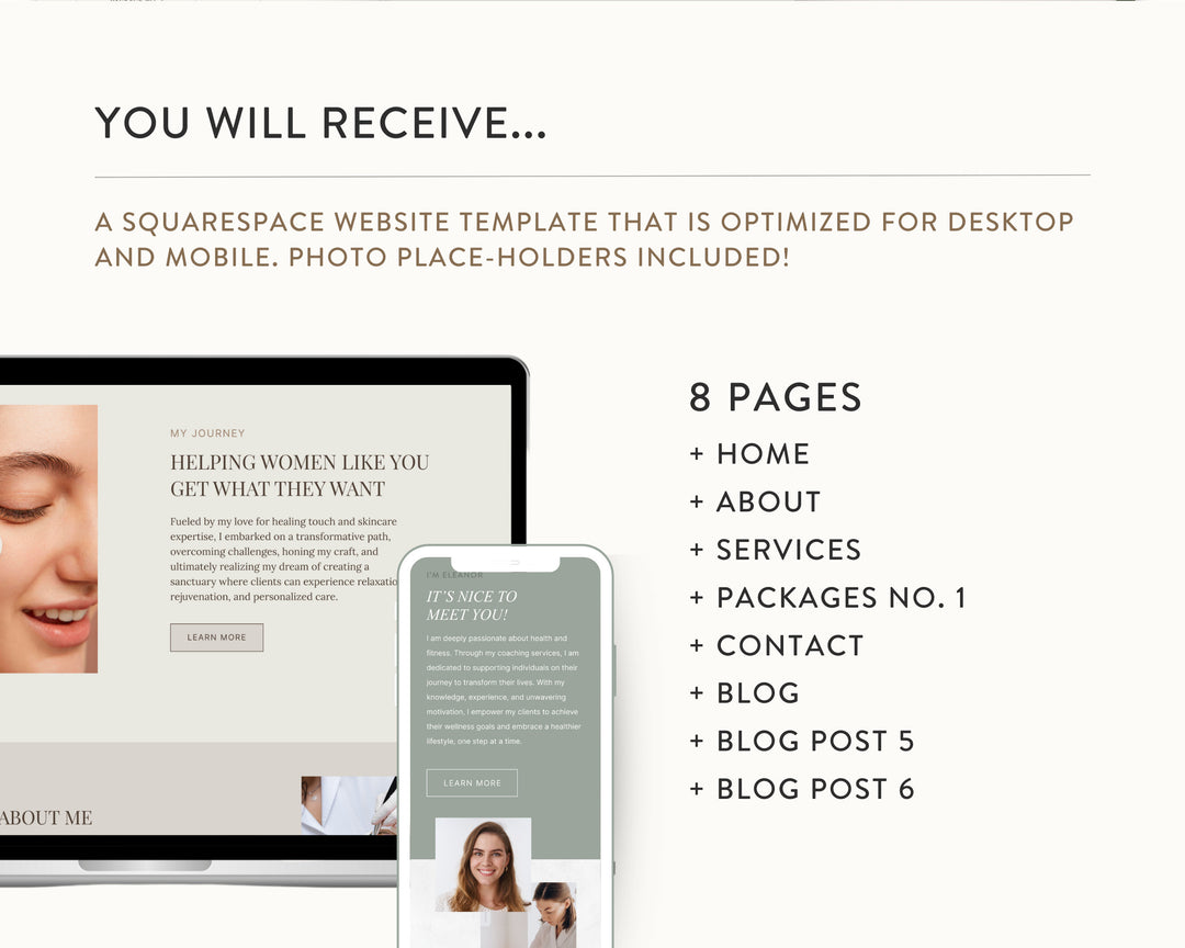 SQUARESPACE Website Template for Spas, Salons, Wellness Centers, Coaches, Influencers | SERENITY SPA Theme | Modern Minimal