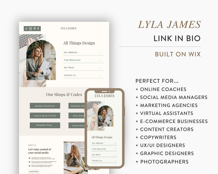 WIX Link in Bio Template for Social Media Marketing, Coaches, Influencers, Blogs, UGC & Content Creators | LYLAJAMES Theme | Modern Minimal