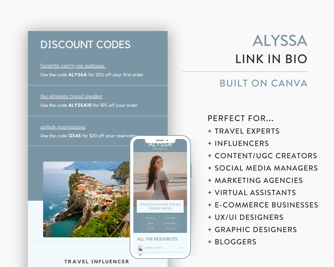 Canva Link in Bio Template for Social Media Marketing, Travel Influencers, Blogs, UGC Creators | ALYSSA Theme | Modern Minimal