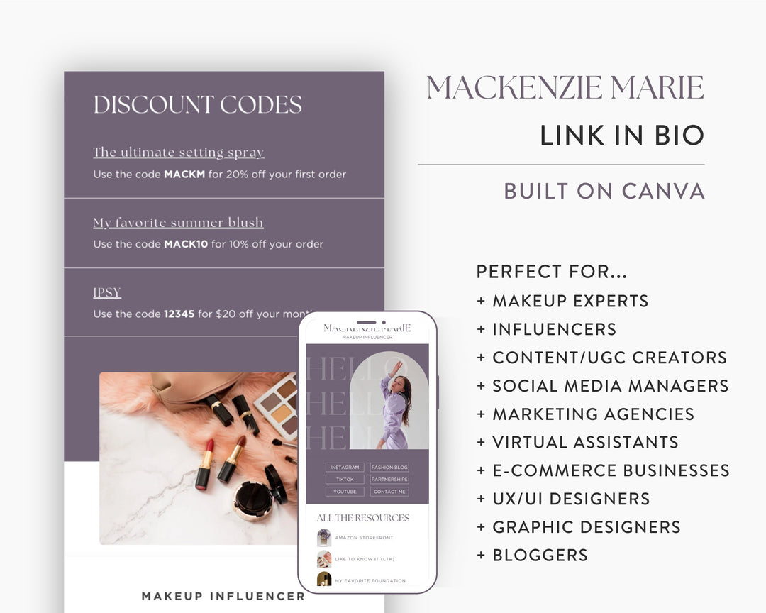 Canva Link in Bio Template for Social Media Marketing, Makeup + Beauty Influencers, UGC Creators | MACKENZIE MARIE Theme | Modern Minimal