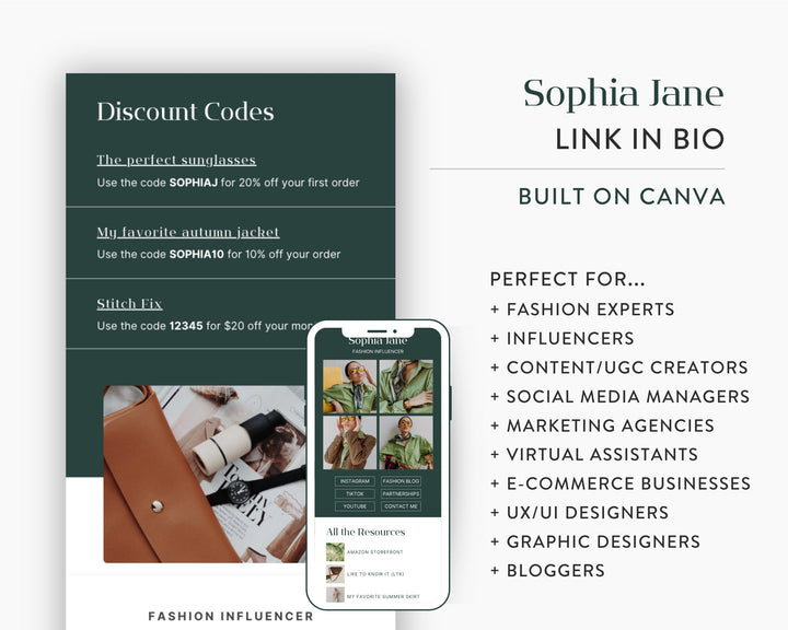 Canva Link in Bio Template for Social Media Marketing, Fashion Influencers, Blogs, UGC Creators | SOPHIA JANE Theme | Modern Minimal