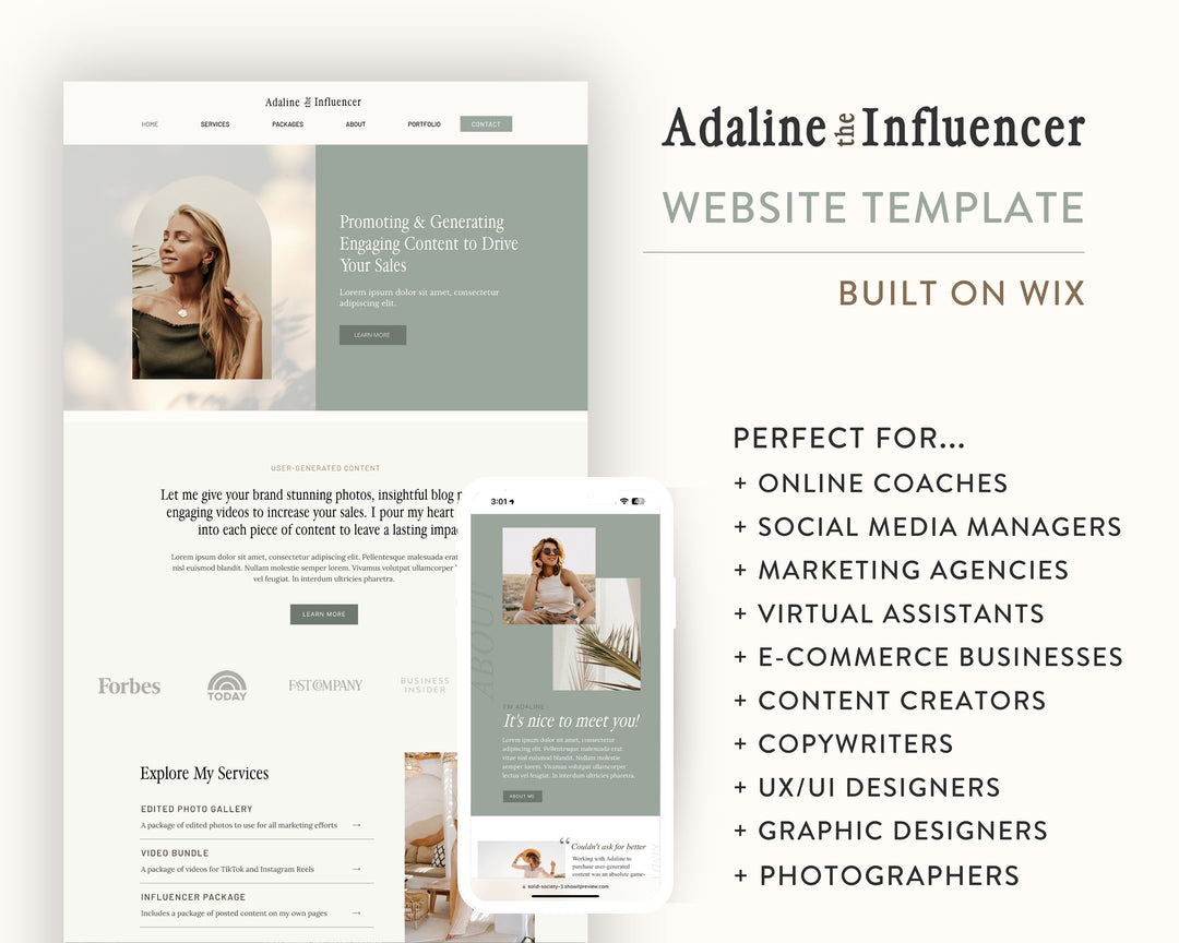 WIX Website Template for Social Media Marketing, Graphic Design, Coaches, Blogs, UGC Creators | ADALINE Theme | Modern Minimal Neutral