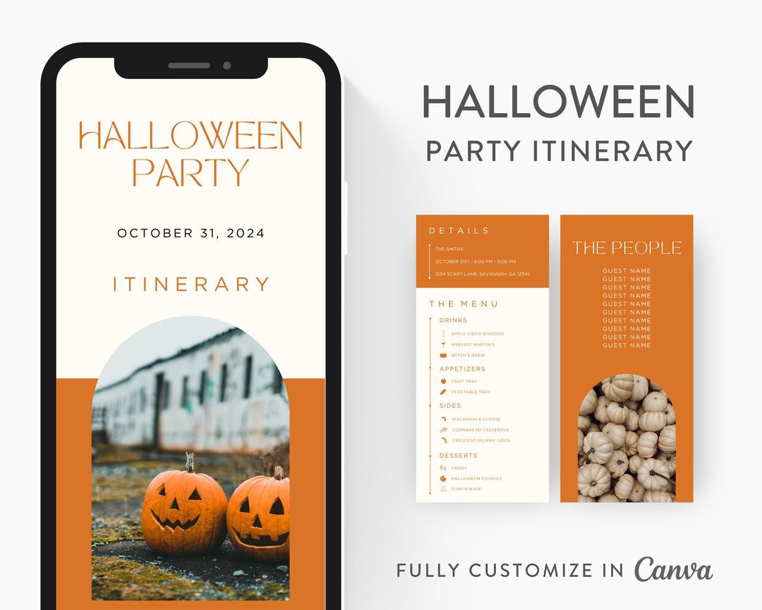 Halloween Party Itinerary Template, Editable on Canva, Printable Editable Template, Halloween Party Planner Digital Template Download