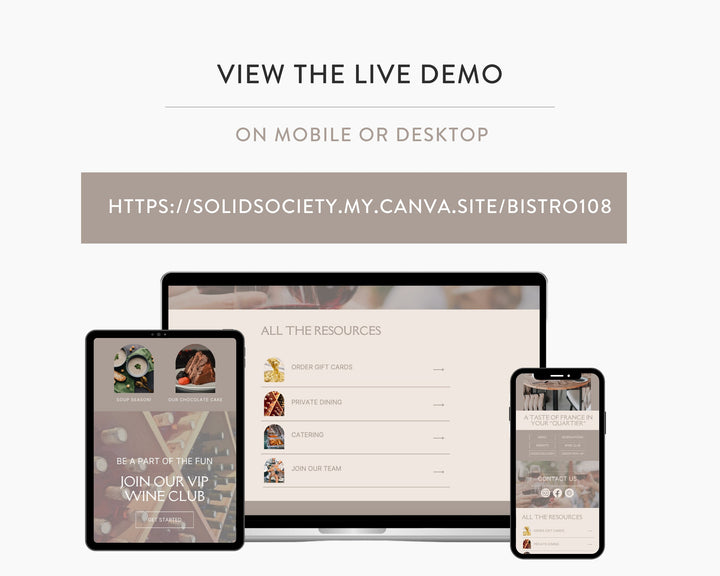 Canva Link in Bio Template for Restaurants, Cafes, Bistros, Bars, Diners, Pubs, Coffee Shop, Food Trucks | BISTRO 108 Theme | Modern Minimal