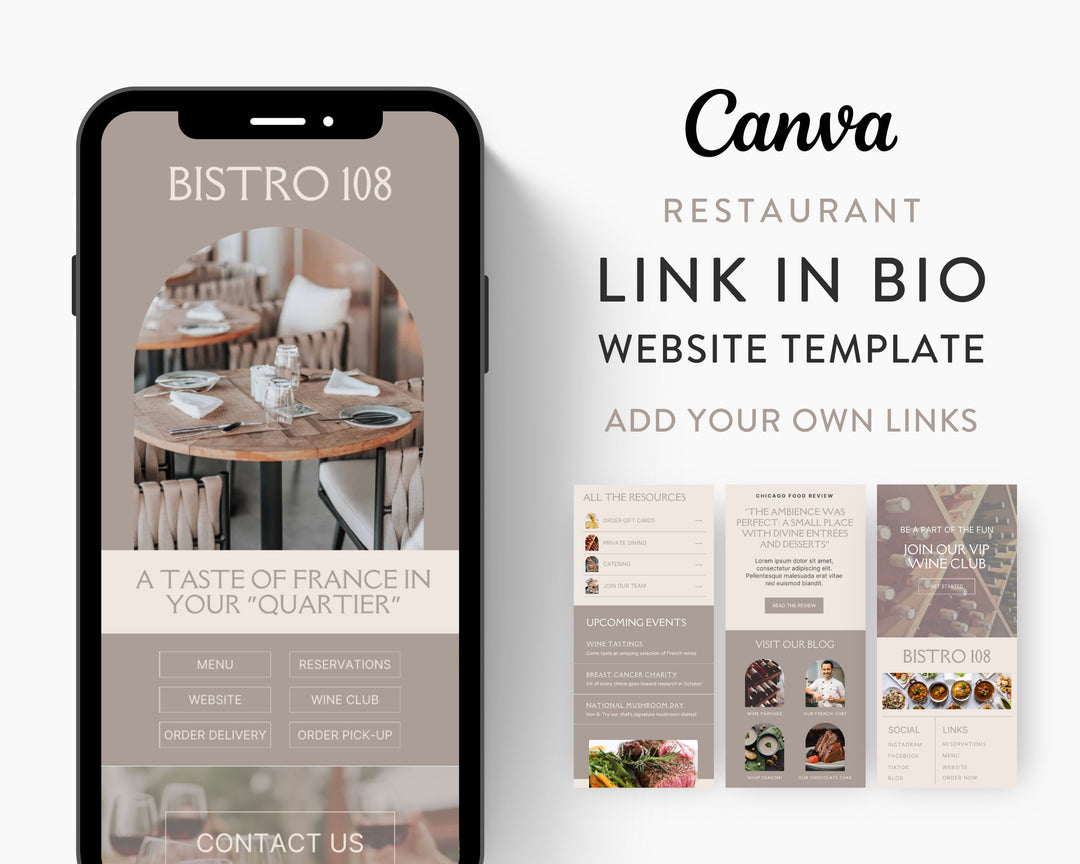 Canva Link in Bio Template for Restaurants, Cafes, Bistros, Bars, Diners, Pubs, Coffee Shop, Food Trucks | BISTRO 108 Theme | Modern Minimal