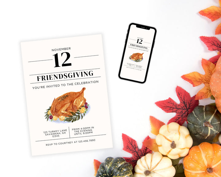 Friendsgiving Party Invitation Vertical, Edit on Canva, Digital Download, Printable Template Card, Digital Mobile Thanksgiving Party Invite