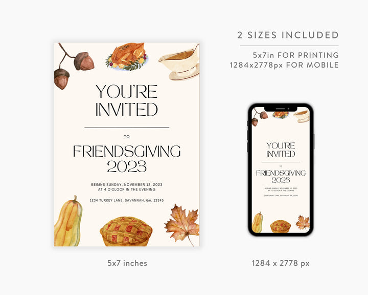 Friendsgiving Party Invitation Vertical, Edit on Canva, Digital Download, Printable Template Card, Digital Mobile Thanksgiving Party Invite