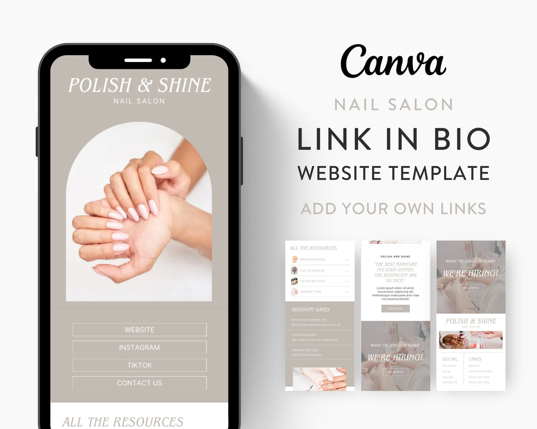 Canva Link in Bio Template for Nail Salons, Hair Salons, Spas, Wellness Centers, Beauty Influencers | POLISH & SHINE Theme | Modern Minimal