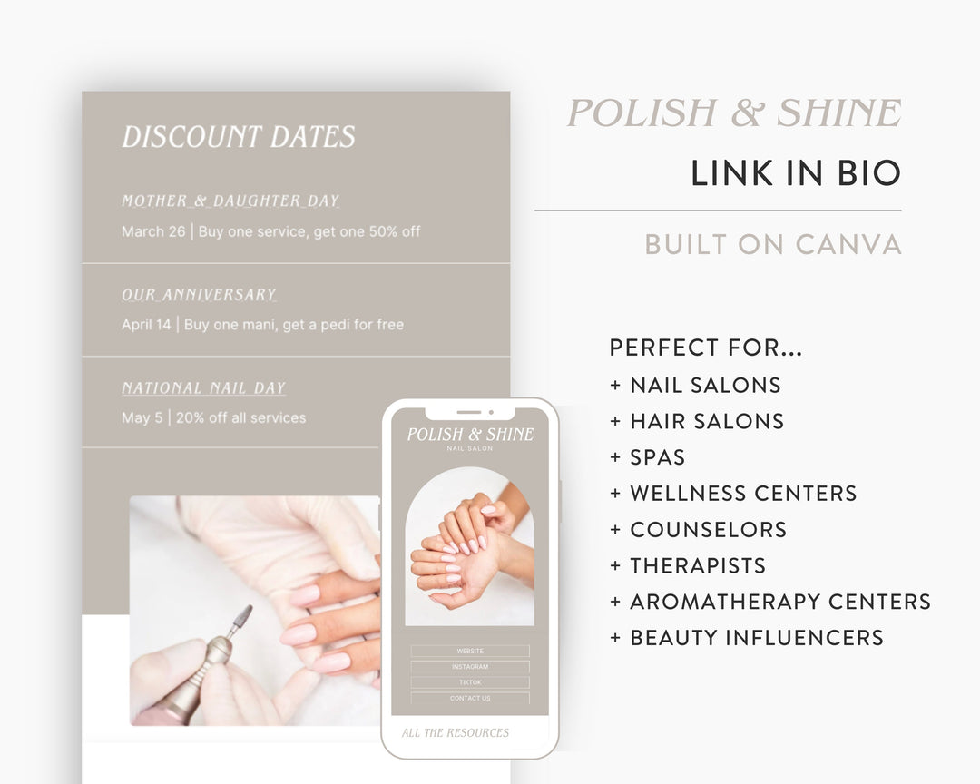 Canva Link in Bio Template for Nail Salons, Hair Salons, Spas, Wellness Centers, Beauty Influencers | POLISH & SHINE Theme | Modern Minimal