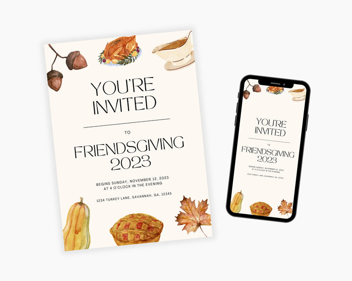 Friendsgiving Party Invitation Vertical, Edit on Canva, Digital Download, Printable Template Card, Digital Mobile Thanksgiving Party Invite