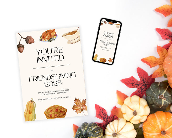 Friendsgiving Party Invitation Vertical, Edit on Canva, Digital Download, Printable Template Card, Digital Mobile Thanksgiving Party Invite