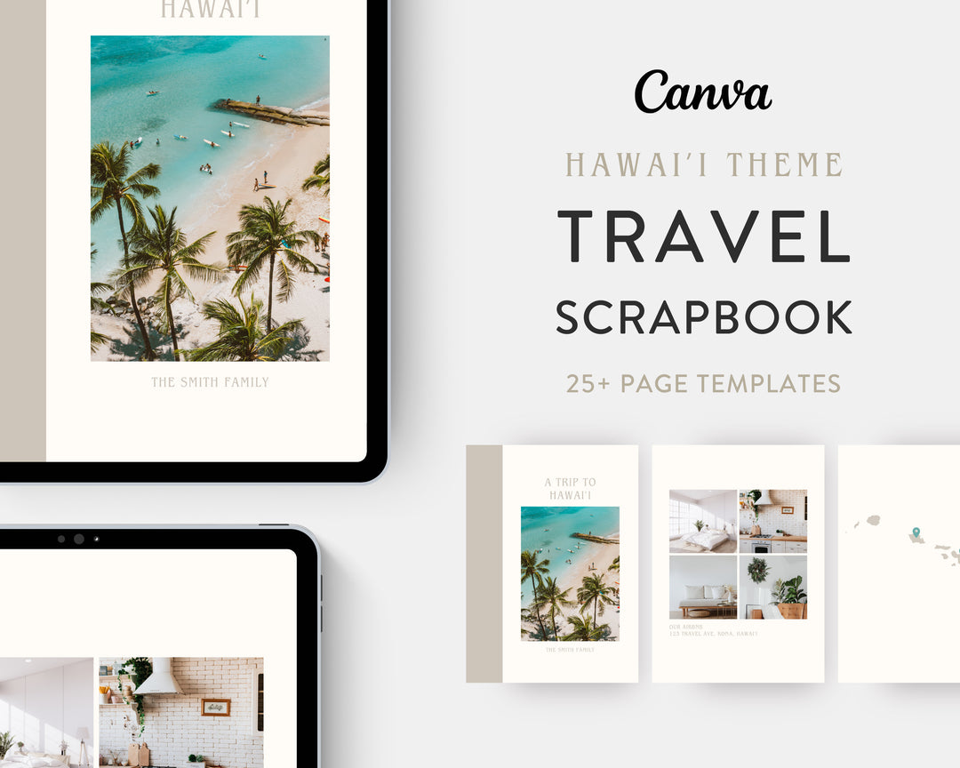 Digital Travel Scrapbook Template, Printable Travel Photo Album, Vacation Photograph Journal | Edit on Canva | Modern | HAWAII THEME