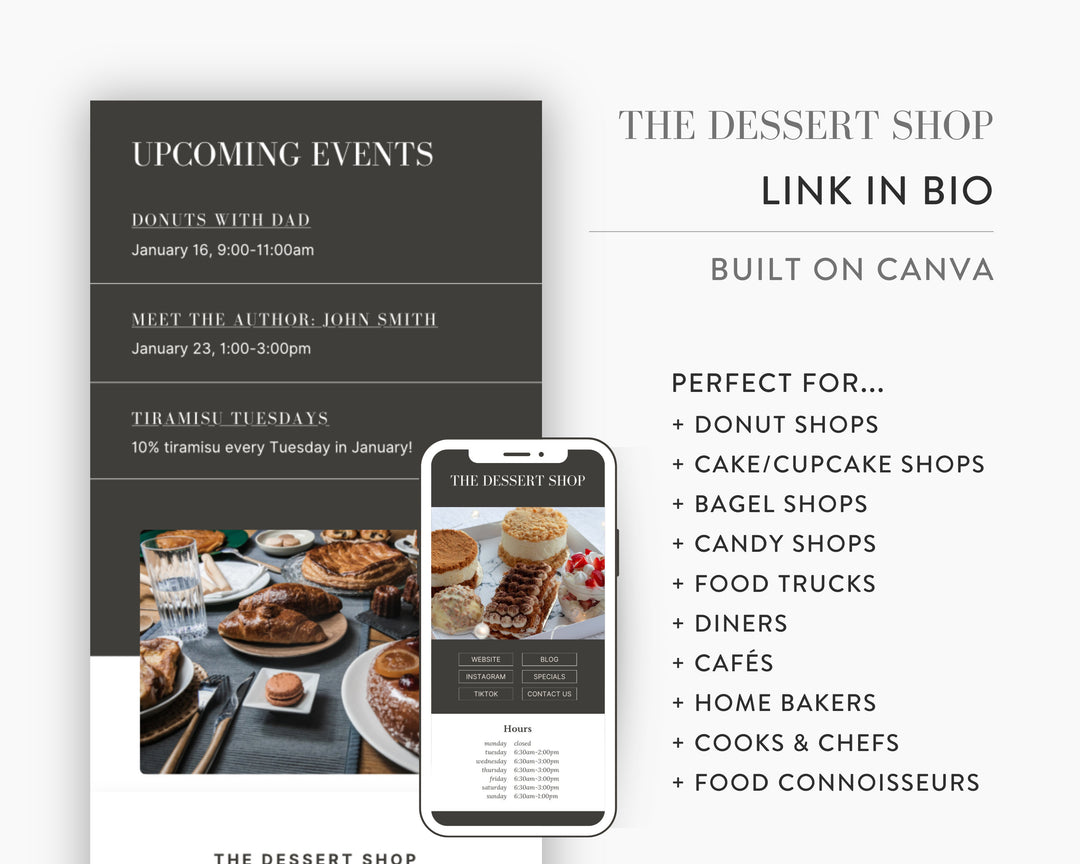 Canva Link in Bio Template for Bakeries, Donut Shops, Cake and Cupcake Shops, Bagel Shops, Candy Shops | DESSERT SHOP Theme | Modern Minimal