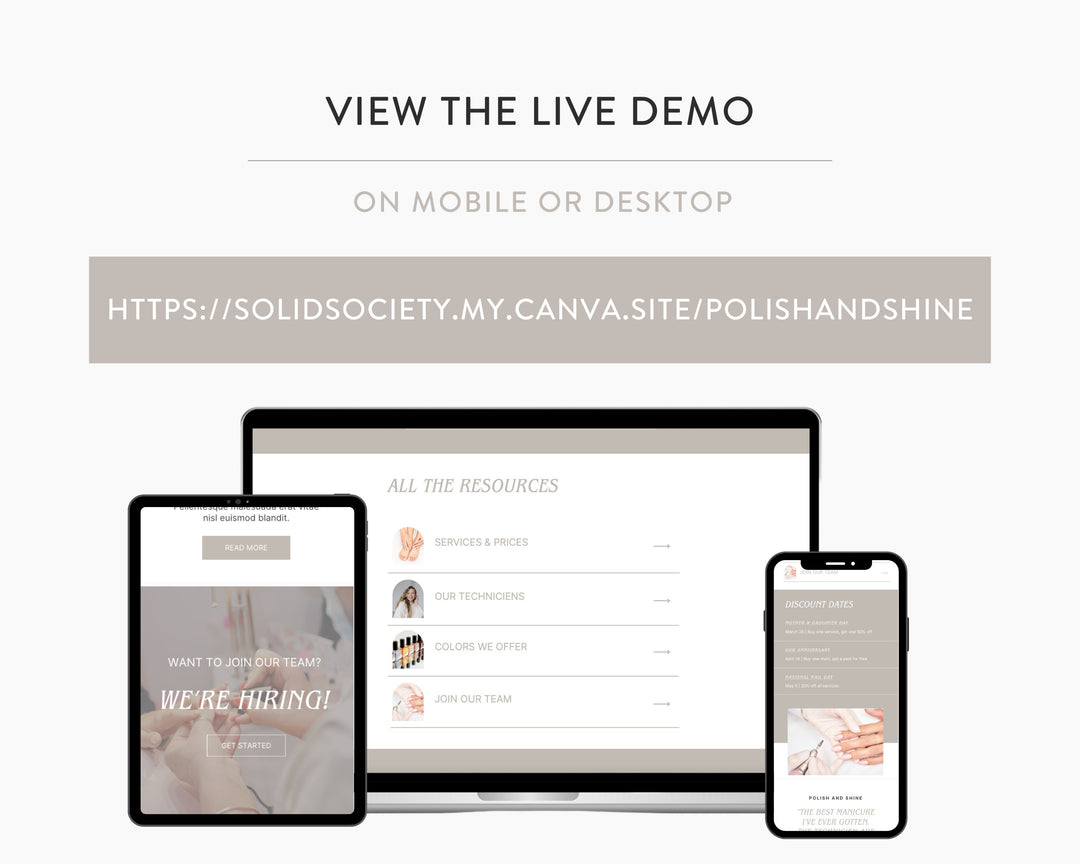 Canva Link in Bio Template for Nail Salons, Hair Salons, Spas, Wellness Centers, Beauty Influencers | POLISH & SHINE Theme | Modern Minimal