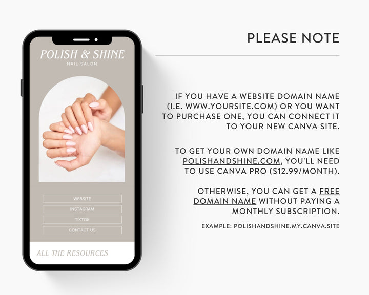 Canva Link in Bio Template for Nail Salons, Hair Salons, Spas, Wellness Centers, Beauty Influencers | POLISH & SHINE Theme | Modern Minimal