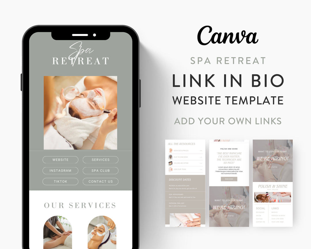 Canva Link in Bio Template for Spas, Salons, Wellness & Aromatherapy Centers, Counselors, Therapists | SPA RETREAT Theme | Modern Minimal