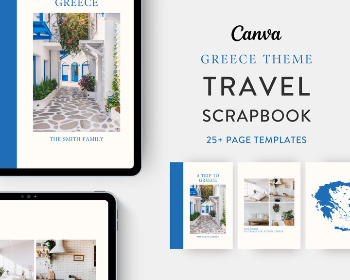 Digital Travel Scrapbook Template, Printable Travel Photo Album, Vacation Photograph Journal | Edit on Canva | Modern | GREECE THEME